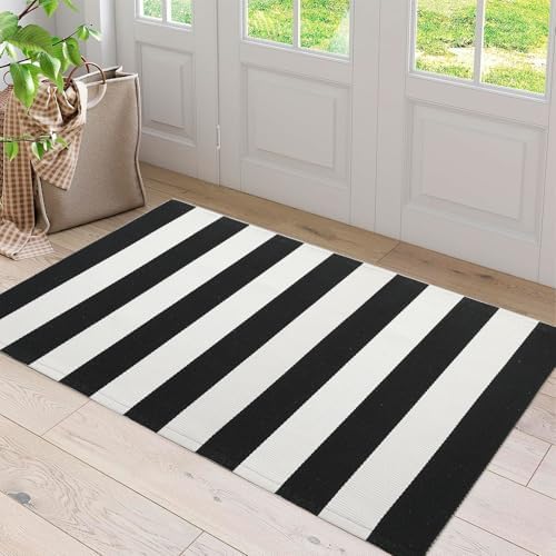 Striped Rug Outdoor Porch Rug Black and White 3'x5' Washable Layered Outdoor Doormat Front Door Mat Cotton Striped Outdoor Rug for Front Door Entryway Patio Laundry Kitchen - Image 3