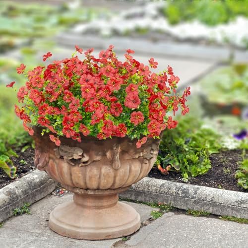LikSoor 16 Bundles Artificial Flowers Outdoor Spring Summer Decoration Fake Silk Colorful Daisy Eucalyptus Realistic UV Resistant Outside Faux Plants for Garden Porch Window Box Home Decor(Red) - Image 3