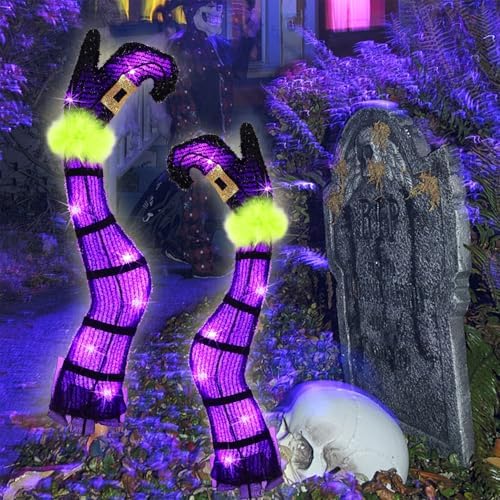 Juegoal Set of 2 Halloween Lighted Wicked Purple Witch Legs with Stakes, 22" Light Up Tinsel Halloween Yard Sign Prop Timer & 8 Modes, Battery Operated for Outdoor Party Haunted House Garden Decor - Image 3