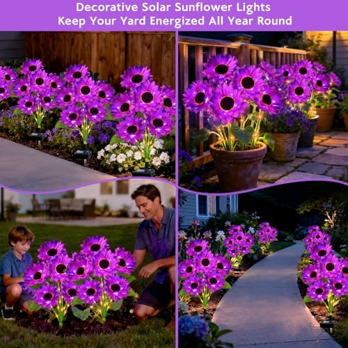Solar Sunflower Lights Outdoor Garden Decor, 6 Pack Solar Purple Flowers Lights with 18 Sunflowers, Waterproof Fall Decor Stake Decorative Light Auto ON/Off for Garden Yard Patio, Gift for Women - Image 6