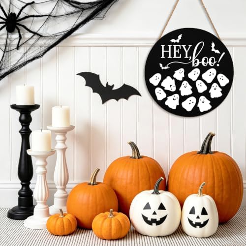 Hey Boo Sign 12x12 Inch Halloween Wreaths for Front Door Halloween Ghost Wood Door Hanger Black Boo Sign Farmhouse Holiday Decorations Wall Hanging Plaque for Trick or Treat Party Inside Outside - Image 3