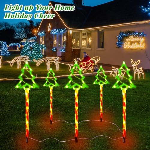 Outdoor Christmas Decorations Lights, 5 in 1 Candy Cane Christmas Tree Lights with 8 Modes, Christmas Pathway Lights Outdoor Waterproof, LED Christmas Outside Lights for Yard Path Garden Decor - Image 5