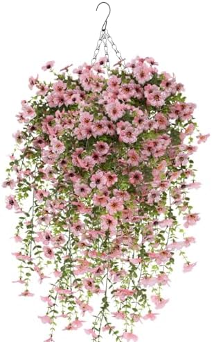 Artificial Hanging Flowers for Outdoor Spring Decoration, 4PCS Fake Silk Daisy with Eucalyptus Leaves UV Resistant Look Real Faux Flowers for Outside Porch Patio Window Box Yard Home Decor (Pink) by Shilkare