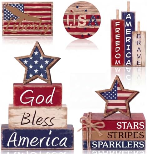 Vercraft 11 Pcs 4th of July Table Decorations Set Patriotic Tiered Tray Decor Set Blue Red White Table Centerpieces Sign for 4th of July Office Home Shelf 250th Anniversary by Vercraft