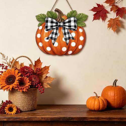 Harooni Fall Pumpkin Front Door Sign Rustic Pumpkin Thanksgiving Door Decorations Wood Sign Autumn Harvest Wreath Door Hanger Buffalo Plaid Bow Plaques Wall Hanging Decor for Home Proch Yard 11"x11" - Image 6