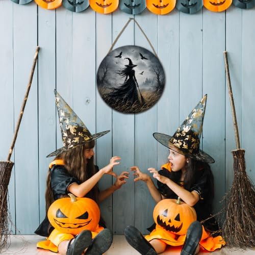 Halloween Gothic Witch Round Door Sign, 10 Inch Wooden Hanging Plaque with Rope, Rustic Retro Wall Decor for Home Porch Entryway Halloween Party Decoration - A07 - Image 4
