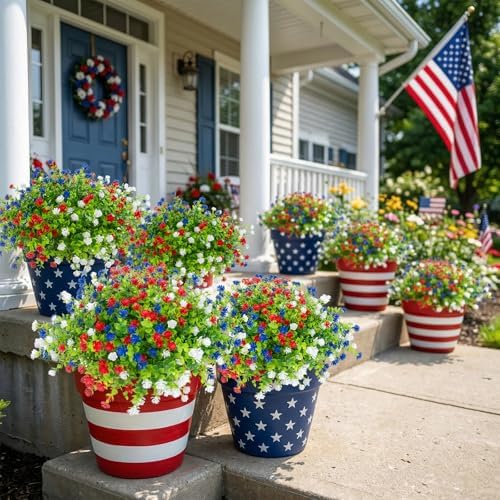Hananona 48 Pcs Artificial Flowers Outdoor, Faux Artificial Plants UV Resistant Plastic Patriotic Flower Bulk for 4th of July Hanging Planter Porch Window Home Summer Decor (48, Red, White, Blue) - Image 5