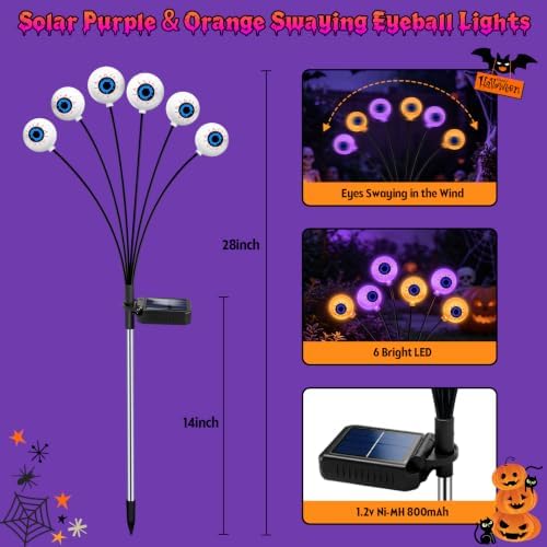 Halloween Decorations Outdoor, 6 Pack 36 LED Purple and Orange Solar Scary Eyeball Swaying Lights, Solar Firefly Light Waterproof Outdoor Lights for Halloween Yard Garden Party - Image 2