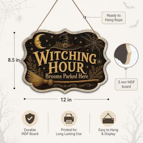 Vintage Witching Hour Wooden Sign with Hanging Rope 8.5x12 Inch Halloween Witch Hat Broom Crescent Moon Gothic Wall Plaque Spooky Farmhouse Decor for Front Door Porch Outdoor Wall Hanging Art（A03） - Image 2