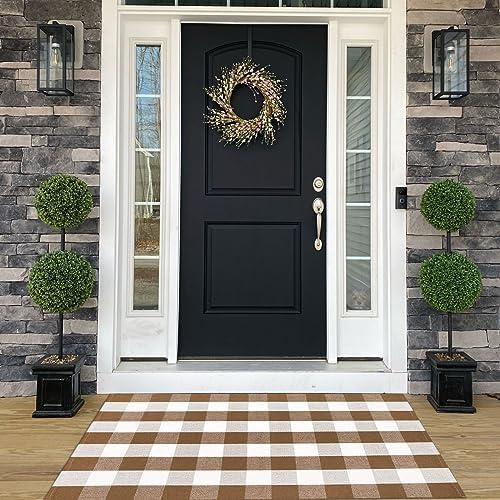 Bottalive Buffalo Plaid Outdoor Rugs, 3'x5' Brown and White Checkered Indoor/Outdoor Area Rug, Layering Rug for Hello/Welcome Door Mat, Washable Cotton Woven Farmhouse Mat for Fall Front Porch Décor by BOTTA