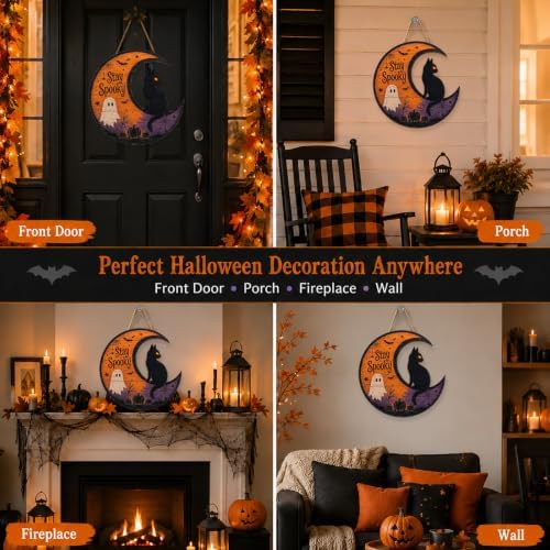 Halloween Door Sign Wooden Hanging Plaque Cat Moon Front Door Porch Decor - Image 7