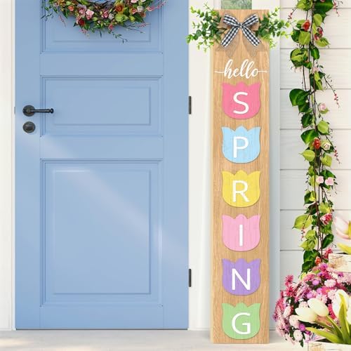 Welcome Porch Sign, Wooden, 47.2", Outdoor Front Door, Spring Tulip by TOMPOP