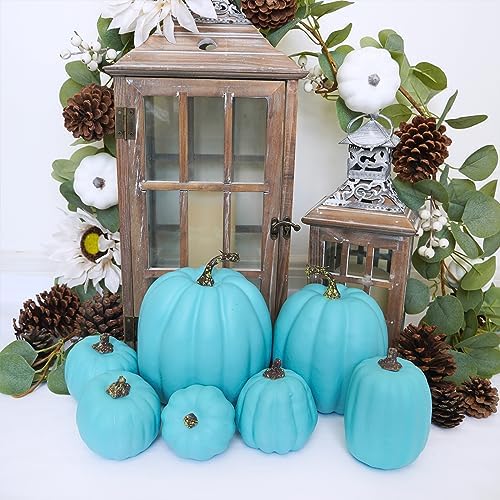 Winlyn 7 Pcs Assorted Artificial Teal Blue Pumpkins Halloween Faux Coastal Decorative Foam Pumpkins for Fall Baby Shower Thanksgiving Halloween Table Centerpiece Shelf Mantel Décor - Image 7