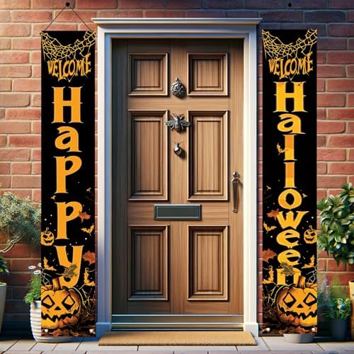 2PCS Happy Halloween Porch Banners 71 x 12 Inch Vertical Welcome Door Signs with Pumpkins and Bats Halloween Party Decorations for Front Door Outdoor Yard Entryway Spooky Wall Hanging Decor - Image 4