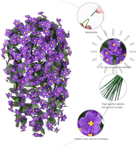 HyeFlora Artificial Faux Hanging Flowers for Outdoor Outside Spring Decoration, 2PCS Fake Silk Purple Daisy Plants UV Resistant Look Real Orchid Mums Vine for Front Door Porch Planter Balcony - Image 5