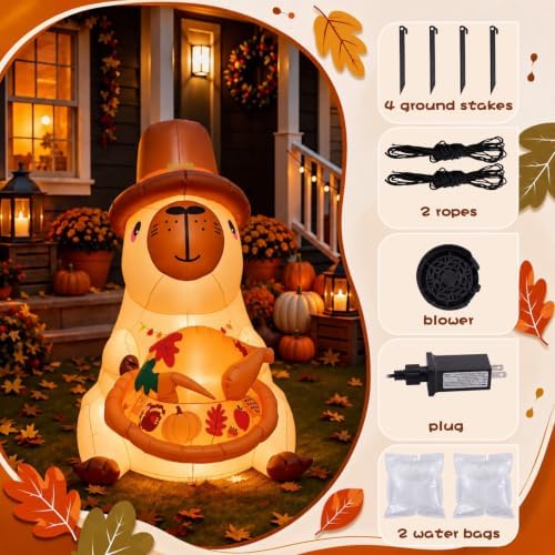 Soulchen 5FT Thanksgiving Inflatable Capybara Outdoor Decorations with Pilgrim Hat Maple Holding Turkey Built-in LED Lighted Blow up for Yard Garden Lawn Autumn Holiday Party Decor - Image 4