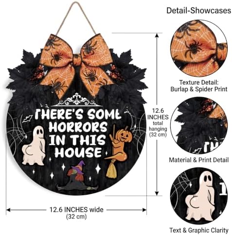 Funny Halloween Decorations - Funny Halloween Door Sign There's Some Horrors in This House Wooden Sign Hanging Hanger Wreath Decorations for Front Door Wall Home Office Decor 12.6×12.6 Inch - Image 2