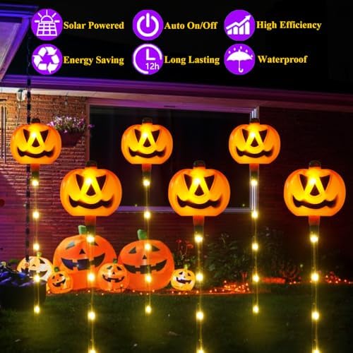 6 Pack Solar Pumpkin Garden Pathway Stake Lights Outdoor Halloween Decorations,8 Modes Solar Pumpkin Lights for Outside Waterproof Lighted Scary jack o lantern for Patio Yard Lawn Grave Decor - Image 2