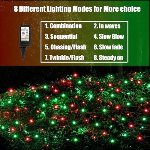 120Led Christmas Net Lights Outdoor 5ft x 6ft, Connectable 8 Modes Waterproof 29V Plug in Black Wire, Mesh Net Christmas Lights for Bushes Shrubs Yard Trunk Xmas Tree Christmas Decorations (Red&Green) - Image 3