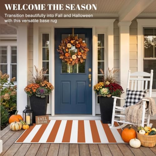 Orange White Striped Outdoor Rug 2 x 4.3 Ft, Front Door Layering Mat - Image 6