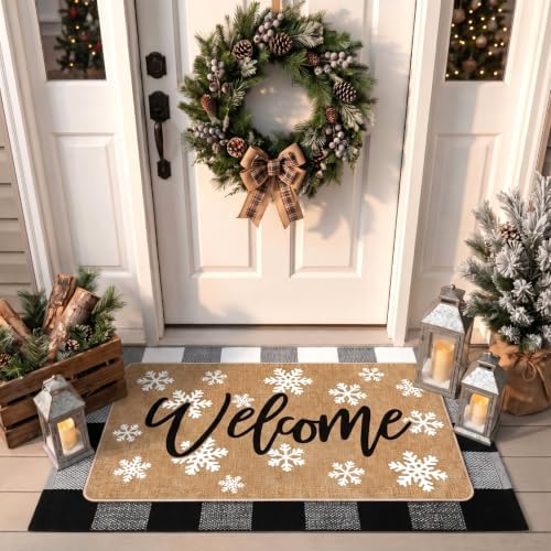 Tinideya 2 Pcs Winter Snowflake Doormats Christmas Layered Welcome Outdoor Door Mats with Buffalo Plaid Front Door Rug Non Slip Floor Mats for Porch Entryway Xmas Holiday Seasonal Decor by Tinideya