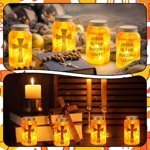 Qinyoung 12 Sets Religious Cross Crafts Jesus Lights The Way Mason Jars Tissue Paper Crafts with LED Candle Light Make Your Own VBS Mason Jars Decoration for Camping Sunday School Projects Activity - Image 6