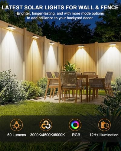 Solar Fence Lights ,RGB & Warm White & 6 Colors Bright Lens LED Dusk to Dawn Deck Light, Fence Solar Lights Outdoor Waterproof, Solar Outdoor Lights for Backyard/Railing/Wall/Step/Patio/Pool (8Pack) - Image 2