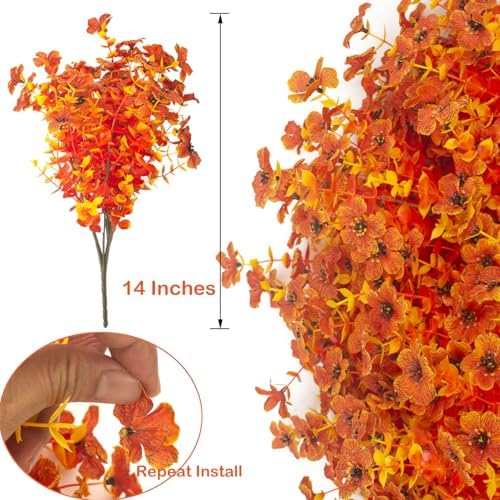 Grunyia 16 Bundles Artificial Fall Flowers for Outdoors Fake Plants UV Resistant Plastic Plants Shrubs Bushes for Home Fall Front Door Porch Garden Autumn Decor (Fall Orange) - Image 2