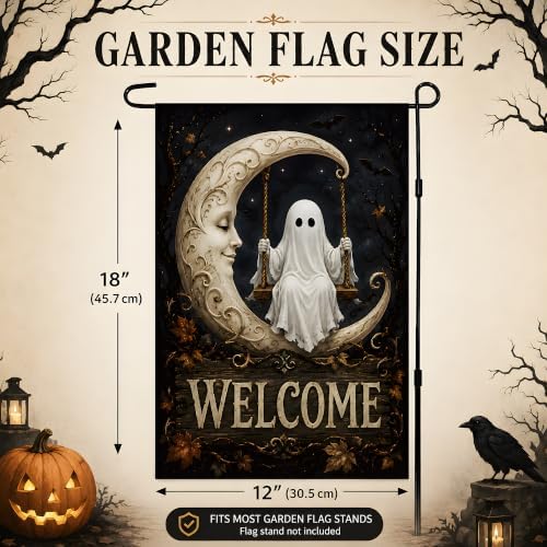 Halloween Decorations - Ghost Swinging on Moon Welcome Garden Flag - Image 3