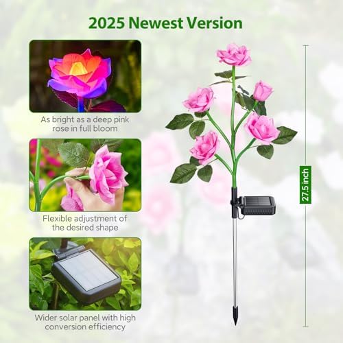 RECHOO Solar Garden Lights Outdoor, 3 Pack Solar Flower Lights with 15 Rose Flowers, Multi-Color Changing LED Waterproof Solar Lights, Garden Decor for Landscape Pathway, Gifts for Women - Image 6