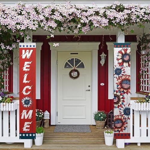 doginthehole 4th of July Decorations Hanging American Flag Banners Stars and Stripes Porch Sign Patriotic Memorial Day Decor Party Supplies for July Fourth Independence Day, Red White Blue by doginthehole