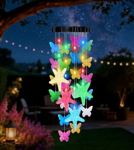 (New) Solar Wind Chimes for Outside, Butterfly Wind Chimes, Outdoor Decorative Wind Chimes with 2 Light Modes for Patio, Garden, Yard, Porch, Gifts for Mom, Grandma, Wife, Family and Friends by FUNIAO