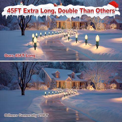 USOKYO 45Ft C9 30 Led Bulbs Christmas Pathway Lights Outdoor, Warm White Waterproof Connectable Christmas Walkway Lights for Driveway, Yard, Lawn, Sidewalk Decorations - Image 7