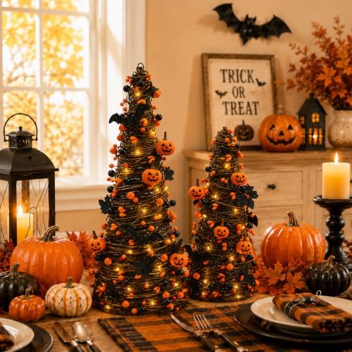 2Pack Lighted Halloween Tabletop Trees with Timer, Pumpkin Bat Decor - Image 3