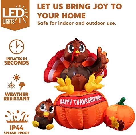 Joiedomi 6 ft Thanksgiving Inflatable Turkey on Pumpkin Decoration, LED Light Up Blow Up Turkey for Autumn Thanksgiving Family Party Décor, Halloween Inflatable for Yard Garden - Image 3