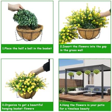 Artificial Hanging Flowers Basket, 12 UV-Resistant Bundles of Realistic Fake Flowers, Faux Plants for Outdoor Decor, Home, Garden, Porch, Patio, Spring & Summer Decorations, Yellow - Image 5