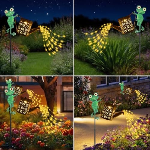 Solar Watering Can with Cascading Lights Outdoor Garden Decor, Frog Shaped Hook Gardening Gifts for Mom Women Grandma Birthday, Solar Lights for Garden Decorations Patio Yard Lawn Backyard - Image 5