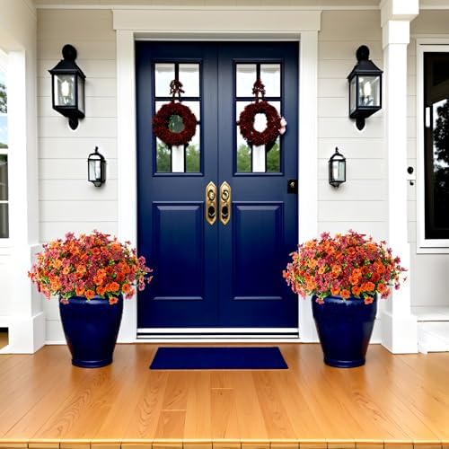 INXUGAO Artificial Silk Flowers Hanging Baskets for Outdoors Indoors, Daisy with Eucalyptus Leaves Arrangement for Garden Yard Decor, Faux Green Plant in Metal Coconut Lining Flowerpot(Orange Brown) - Image 7