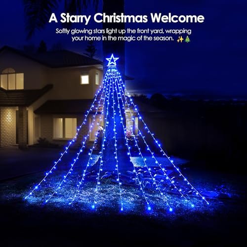 WBao 344 LED Christmas Lights Outdoor Decorations with 12" Star Topper, 11.9ft Waterfall Christmas Lights, Remote Control 8 Modes, 3 Timers, UL Listed Waterproof for Tree Roof Porch Xmas Decor, Blue - Image 2