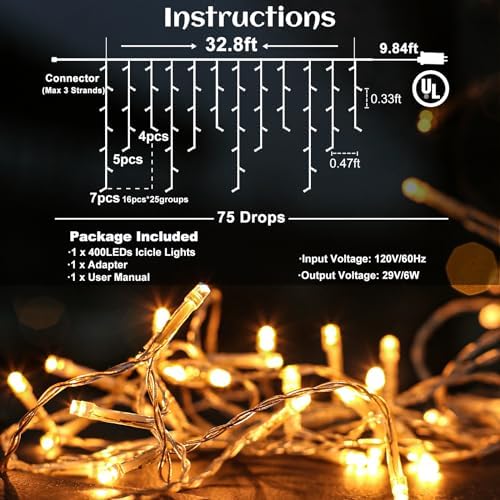 Icicle lights for Outside Christmas Lights Outdoor 33ft 400 LEDs Warm White - Image 4