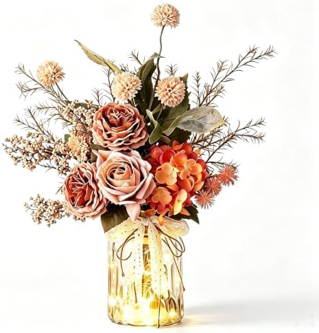 Artificial Fall Flowers with Vase & Lights – Faux Autumn Hydrangea & Rose by LUEUR