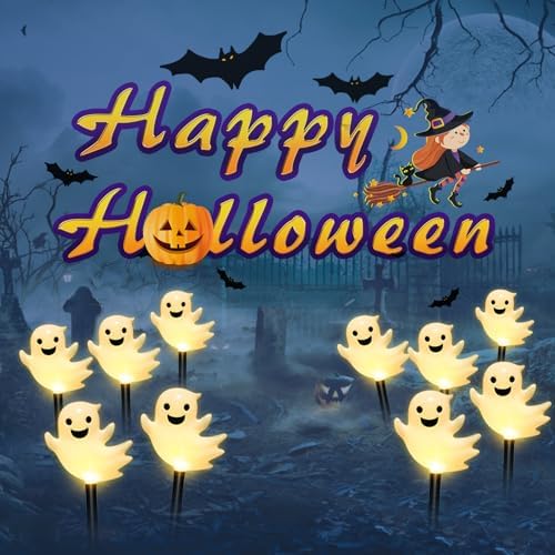 BRIGHTDECK Halloween Solar Pathway Lights Outdoor, LED Decor, Light Up Solar Stake Lights for Holiday, Halloween, Walkway, Sidewalk (Warm White Floating Ghost, 10-Pack) - Image 4