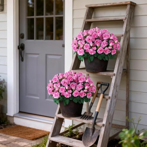 2Pcs Artificial Silk Rose Flower Topiary Tree for Front Porch Decor(Pink) - Image 4