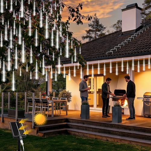 KNONEW Solar Meteor Shower Lights, 8 Tubes 288 LED Christmas Lights Outdoor Waterproof Falling Raindrop Lights for Xmas Tree Christmas Decorations Wedding Party Holiday Yard Garden Decor(Cool White) - Image 2