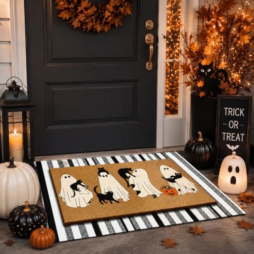 Drydiet 2 Pcs Halloween Door Mat Set, Ghost Cat Pumpkin Front Door Rug - Image 5