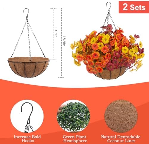 Hananona 2 Set Artificial Outdoor Fall Flowers with Hanging Basket, 2 Packs Hanging Planters with 24 Pcs Faux Fall Mums for Autumn Front Porch Garden Patio Home Decor (2, Orange,Yellow,Burgundy) - Image 2