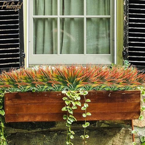 16Pcs Artificial Grass Fake Plants 17.3in Outdoor Plastic Plants UV Resistant Greenery Fake Grass for Home Window Garden Patio Hanging Planter Pathway Front Porch Décor Red - Image 2