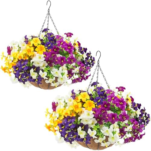 2 Set Artificial Outdoor Flowers with Hanging Baskets,24 Pcs UV Resistant Faux Petunias Flowers with Hanging Planter for Front Door Porch Spring Outside Decor (2, White,Yellow,Purple,RedViolet) by DaynightFloral