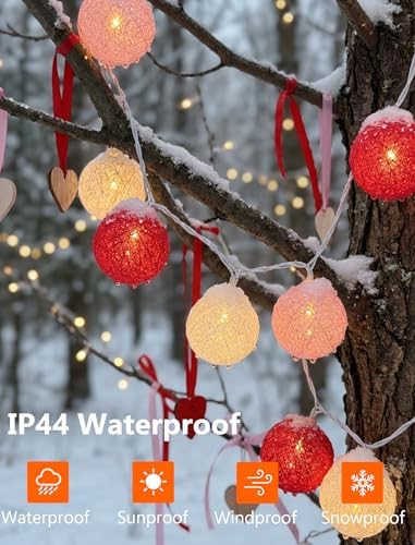 Red Pink and White Cotton Ball String Lights, 8.5Ft Valentine’s Day Decorative Fairy Lights Plug in with 10 Colorful Lantern, Hanging Cotton Globe Lights for Bedroom Wedding Party Home Birthday Decor - Image 3