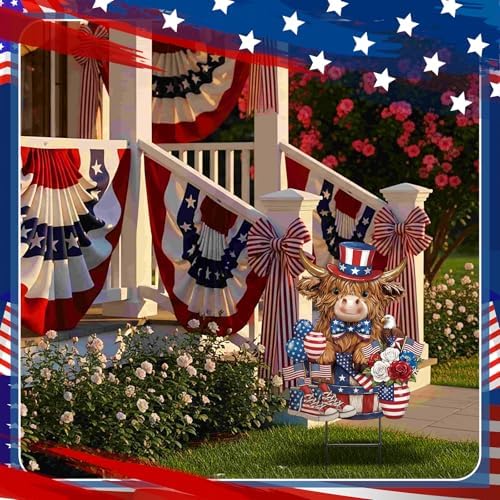 Amyhill 4th of July Highland Cow Metal Garden Stakes Patriotic American Flag Red White Blue Outdoor Yard Decorations with Stakes Independence Day Decor Sign for Home Lawn Porch Backyard Holiday Decor - Image 2